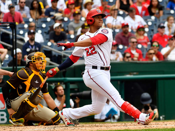 Jul 18, 2021; Washington, District of Columbia, USA; Washington Nationals left fielder Juan Soto (22) bats against the San Diego Padres in the ninth inning after resuming play from last night's suspended game at Nationals Park.